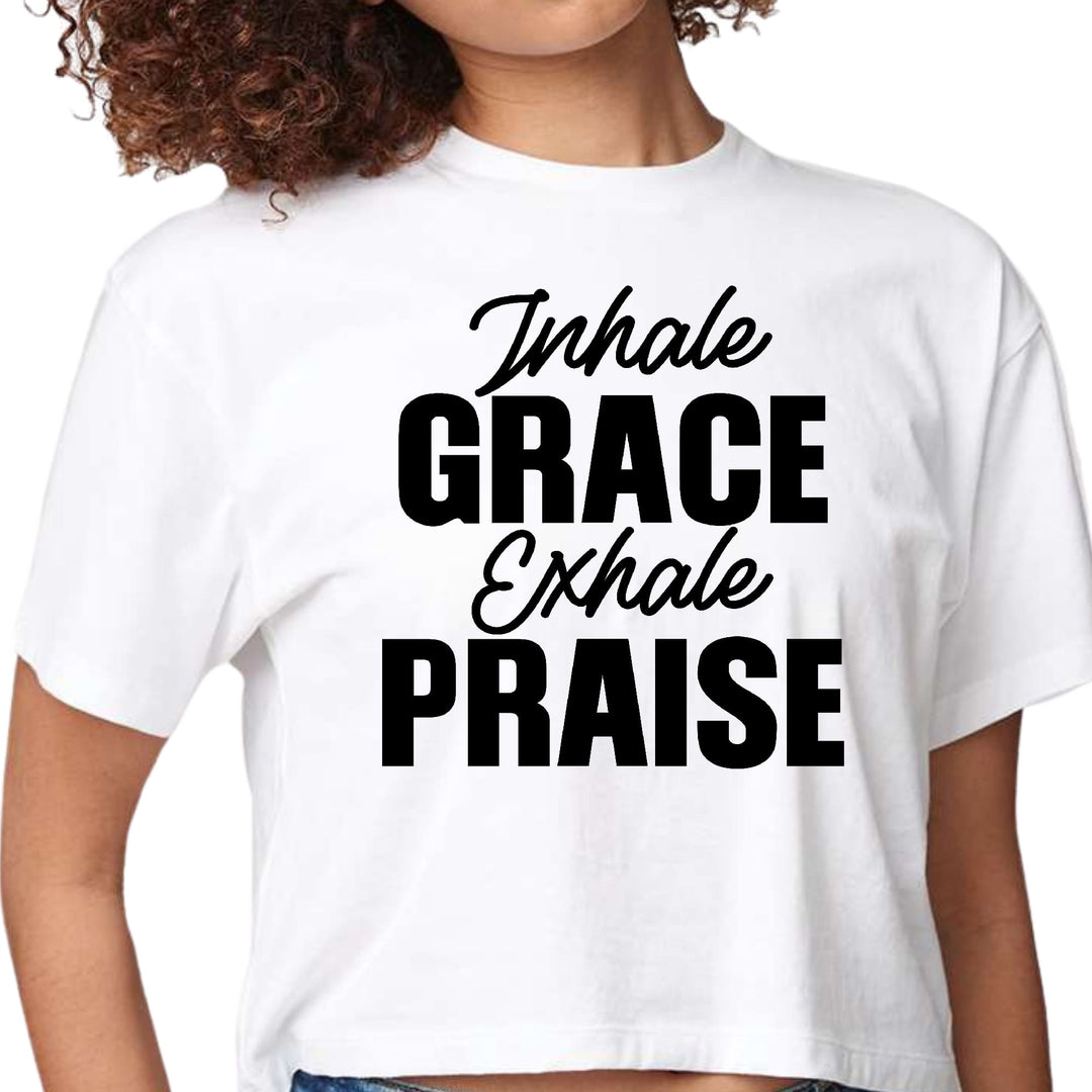 Womens Cropped Graphic T-shirt Inhale Grace Exhale Praise Black - Womens