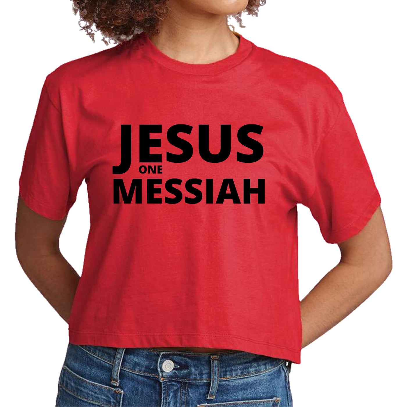 Womens Cropped Graphic T-shirt Jesus One Messiah Black Illustration - Womens