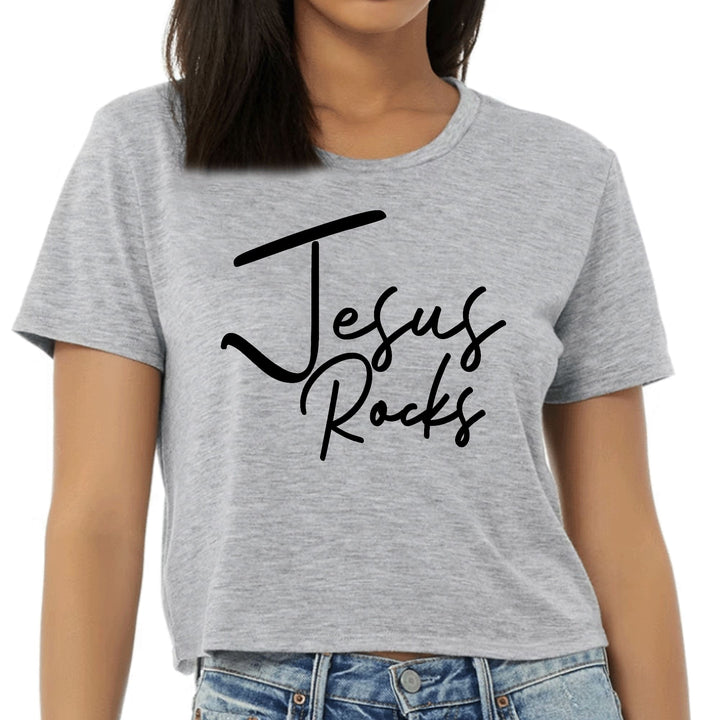 Womens Cropped Graphic T-shirt Jesus Rocks Print - Womens | T-Shirts | Cropped