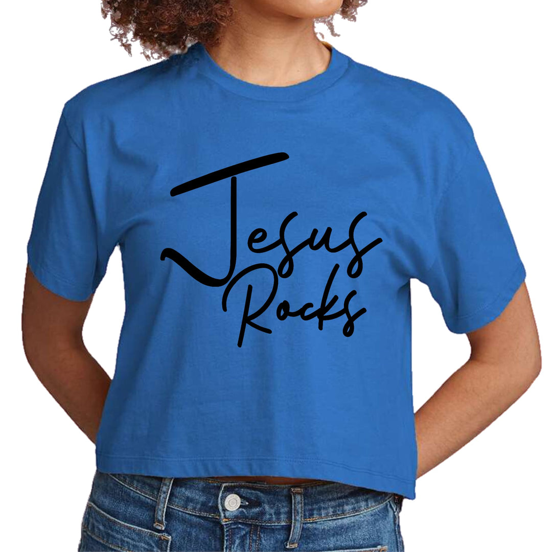 Womens Cropped Graphic T-shirt Jesus Rocks Print - Womens | T-Shirts | Cropped