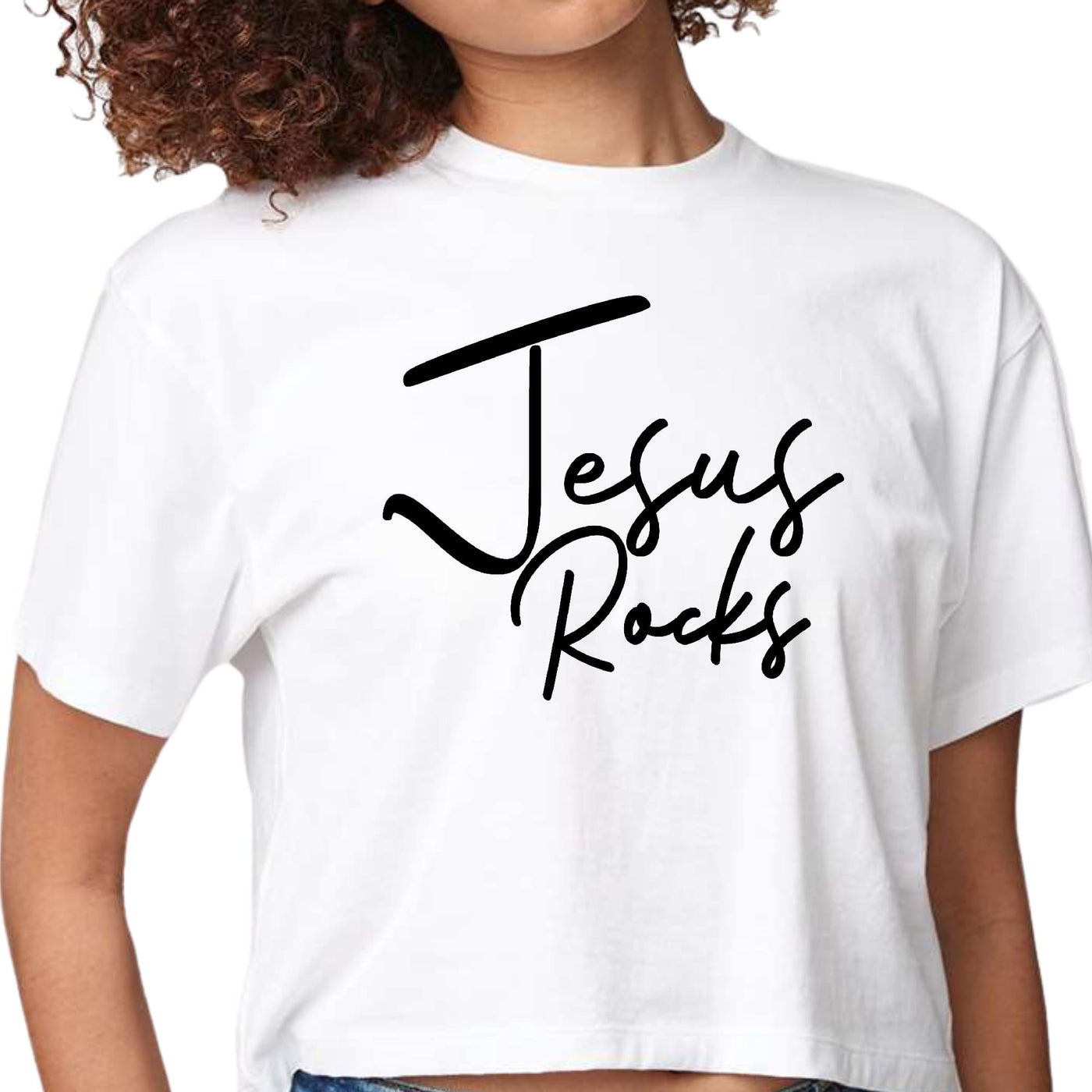 Womens Cropped Graphic T-shirt Jesus Rocks Print - Womens | T-Shirts | Cropped