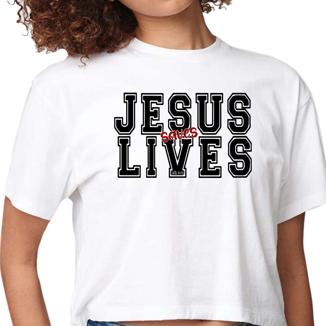 Womens Cropped Graphic T-shirt Jesus Saves Lives Black Red - Womens | T-Shirts