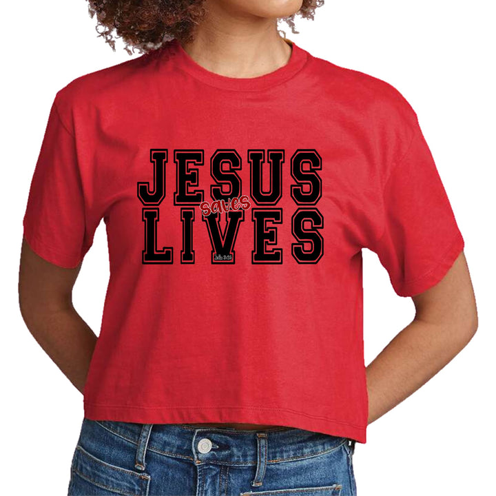 Womens Cropped Graphic T-shirt Jesus Saves Lives Black Red - Womens | T-Shirts