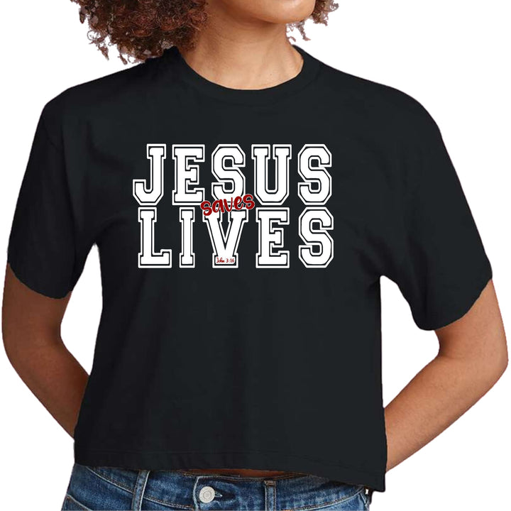 Womens Cropped Graphic T-shirt Jesus Saves Lives White Red - Womens | T-Shirts