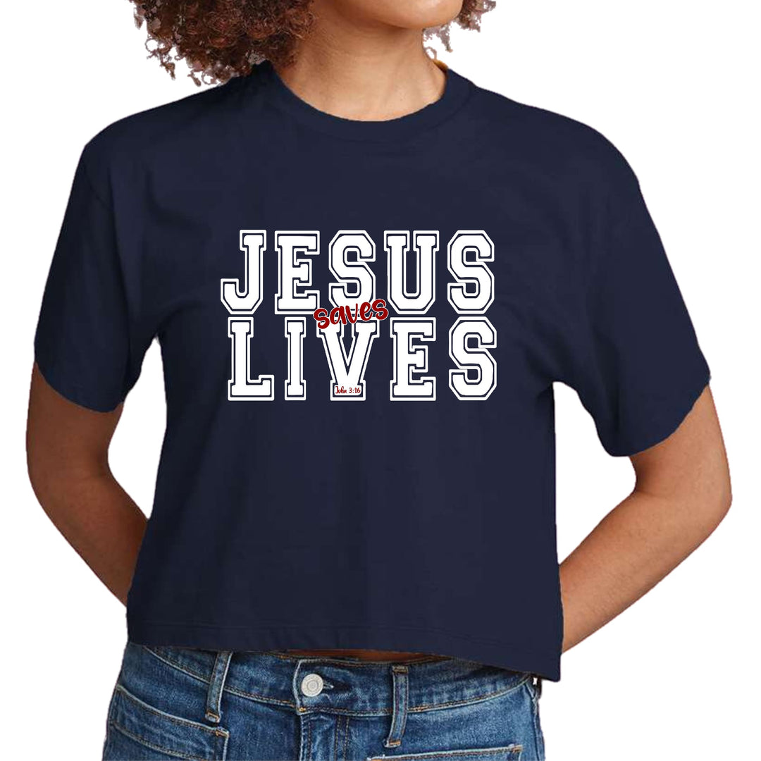 Womens Cropped Graphic T-shirt Jesus Saves Lives White Red - Womens | T-Shirts