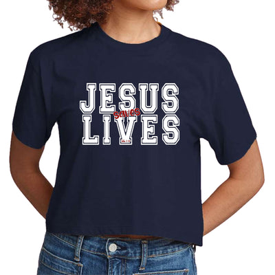 Womens Cropped Graphic T - shirt Jesus Saves Lives White Red - T - Shirts