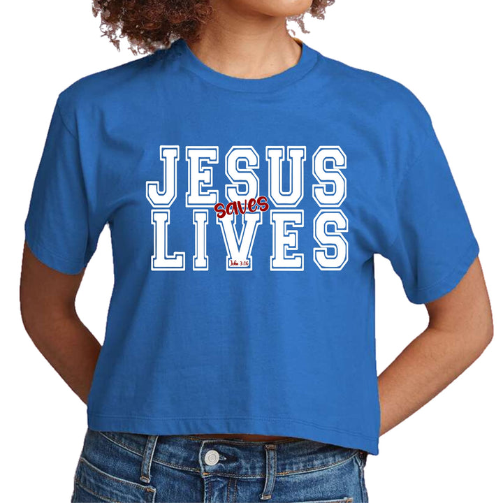 Womens Cropped Graphic T-shirt Jesus Saves Lives White Red - Womens | T-Shirts