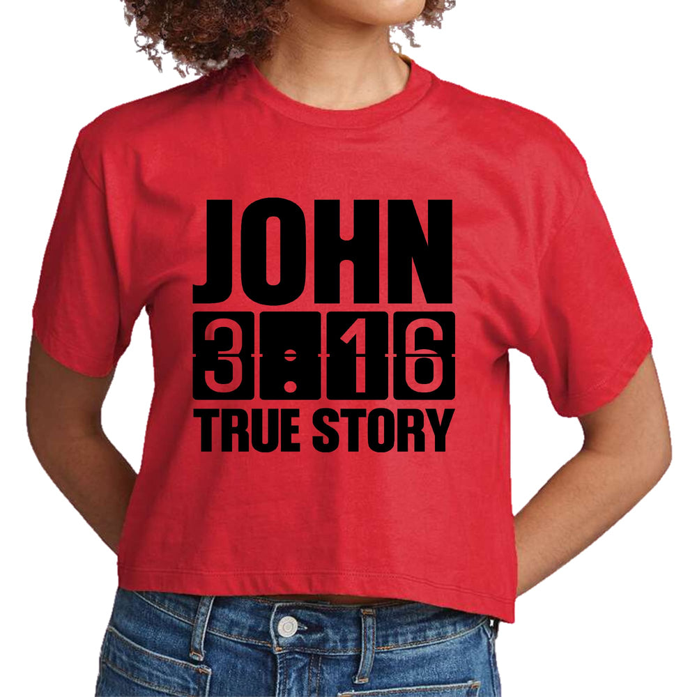 Womens Cropped Graphic T-shirt John 3:16 True Story Print - Womens | T-Shirts