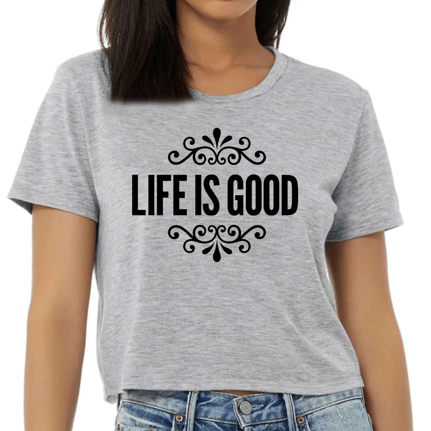 Womens Cropped Graphic T-shirt Life Is Good Word Art Illustration, - Womens