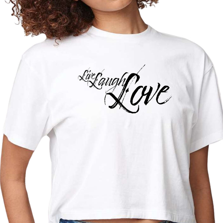 Womens Cropped Graphic T-shirt Live Laugh Love Black Illustration - Womens