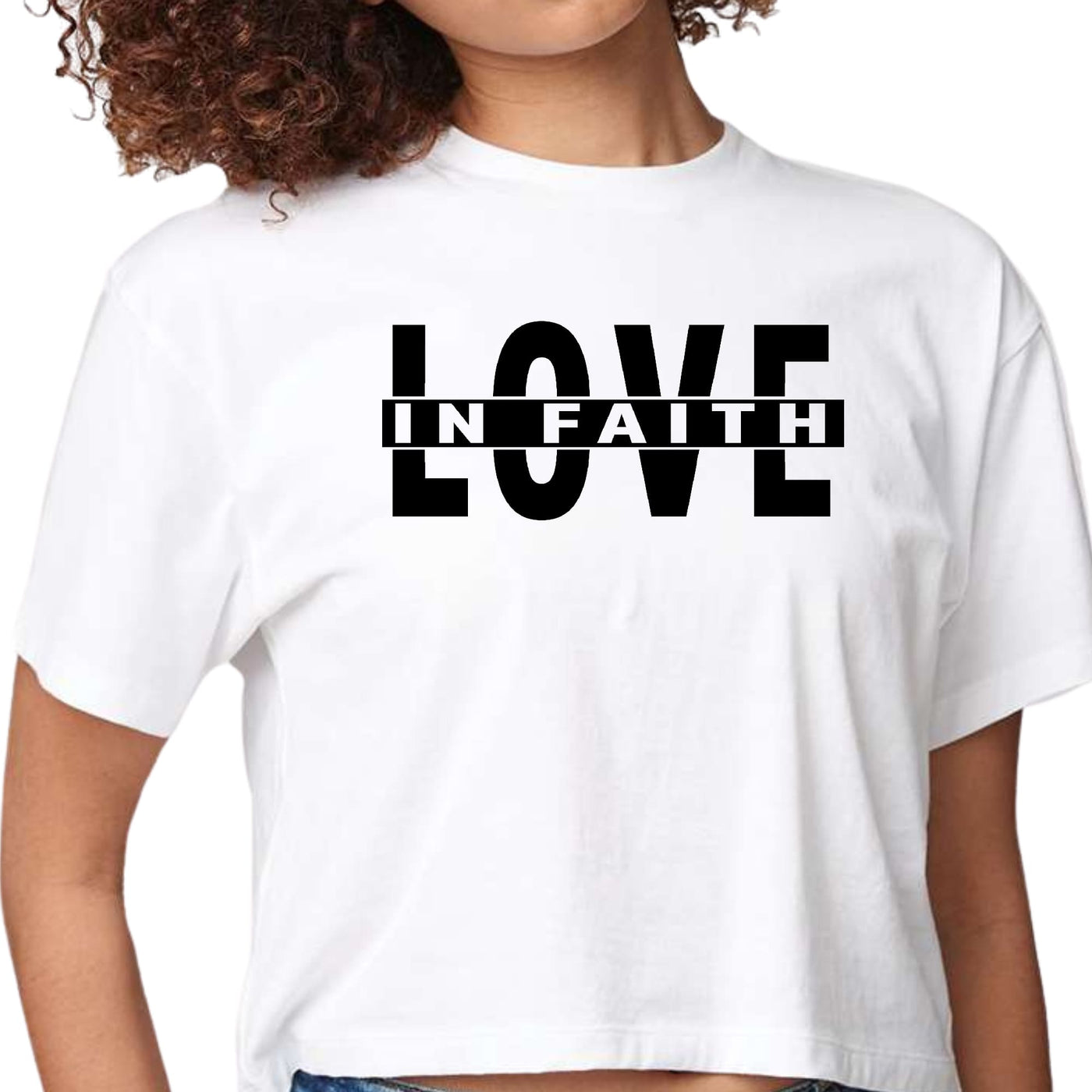 Womens Cropped Graphic T-shirt Love In Faith Black Illustration - Womens