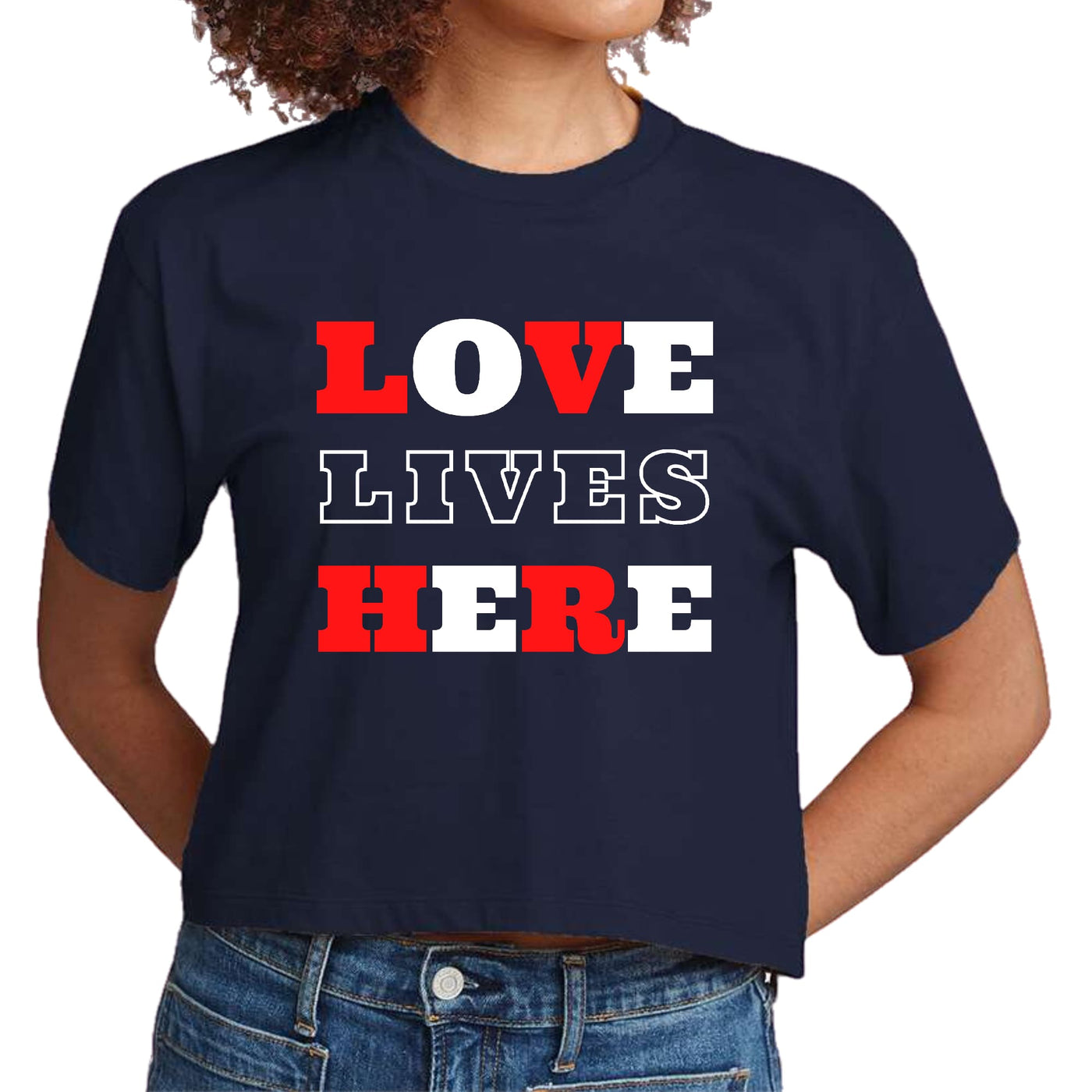 Womens Cropped Graphic T-shirt Love Lives Here Christian Inspiration - Womens