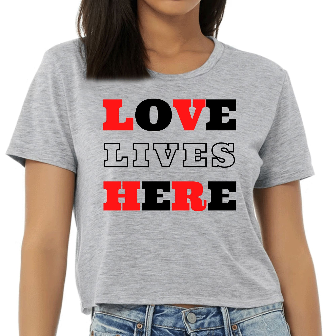 Womens Cropped Graphic T-shirt Love Lives Here Christian Red Black - Womens