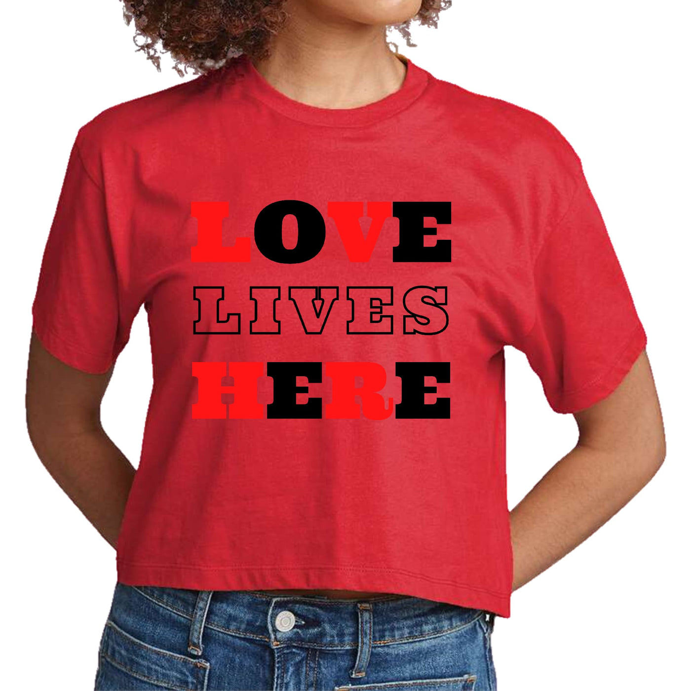 Womens Cropped Graphic T-shirt Love Lives Here Christian Red Black - Womens