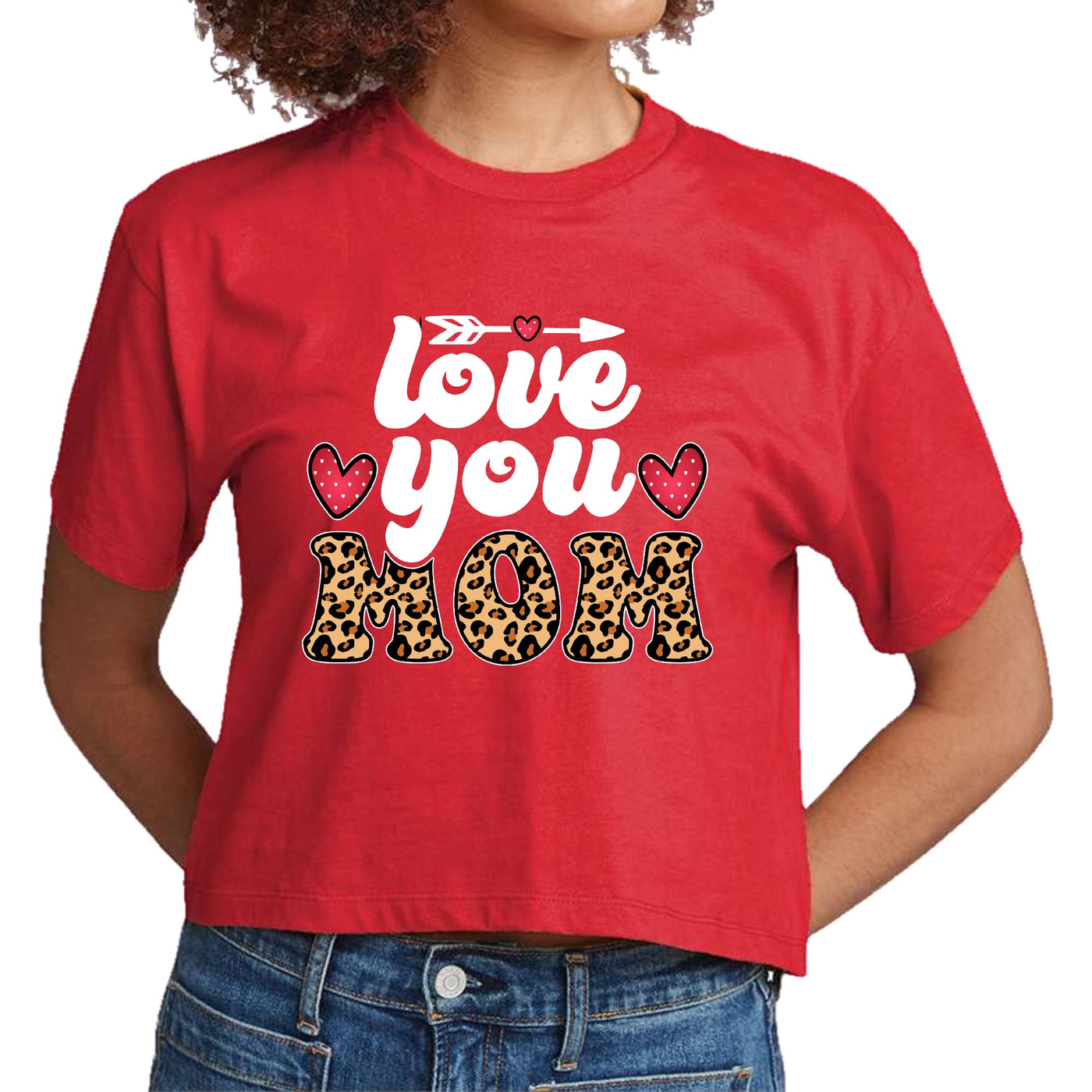 Womens Cropped Graphic T-shirt Love You Mom Leopard Print - Womens | T-Shirts