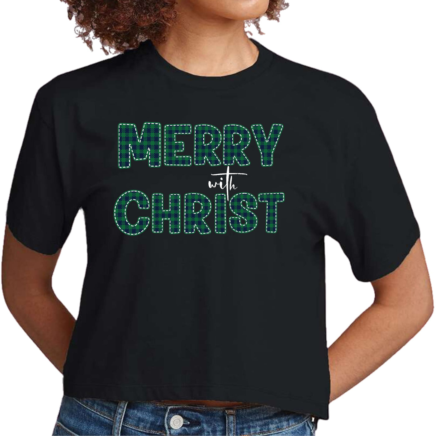 Womens Cropped Graphic T-shirt Merry With Christ Green Plaid - Womens