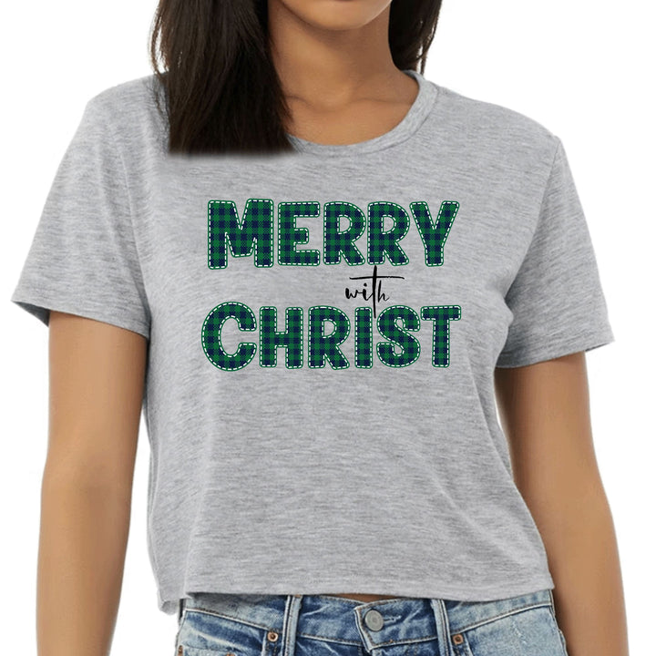 Womens Cropped Graphic T-shirt Merry with Christ Green Plaid - Womens