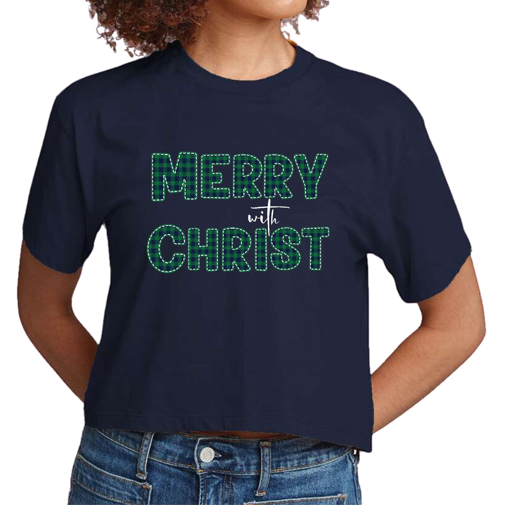 Womens Cropped Graphic T-shirt Merry with Christ Green Plaid - Womens