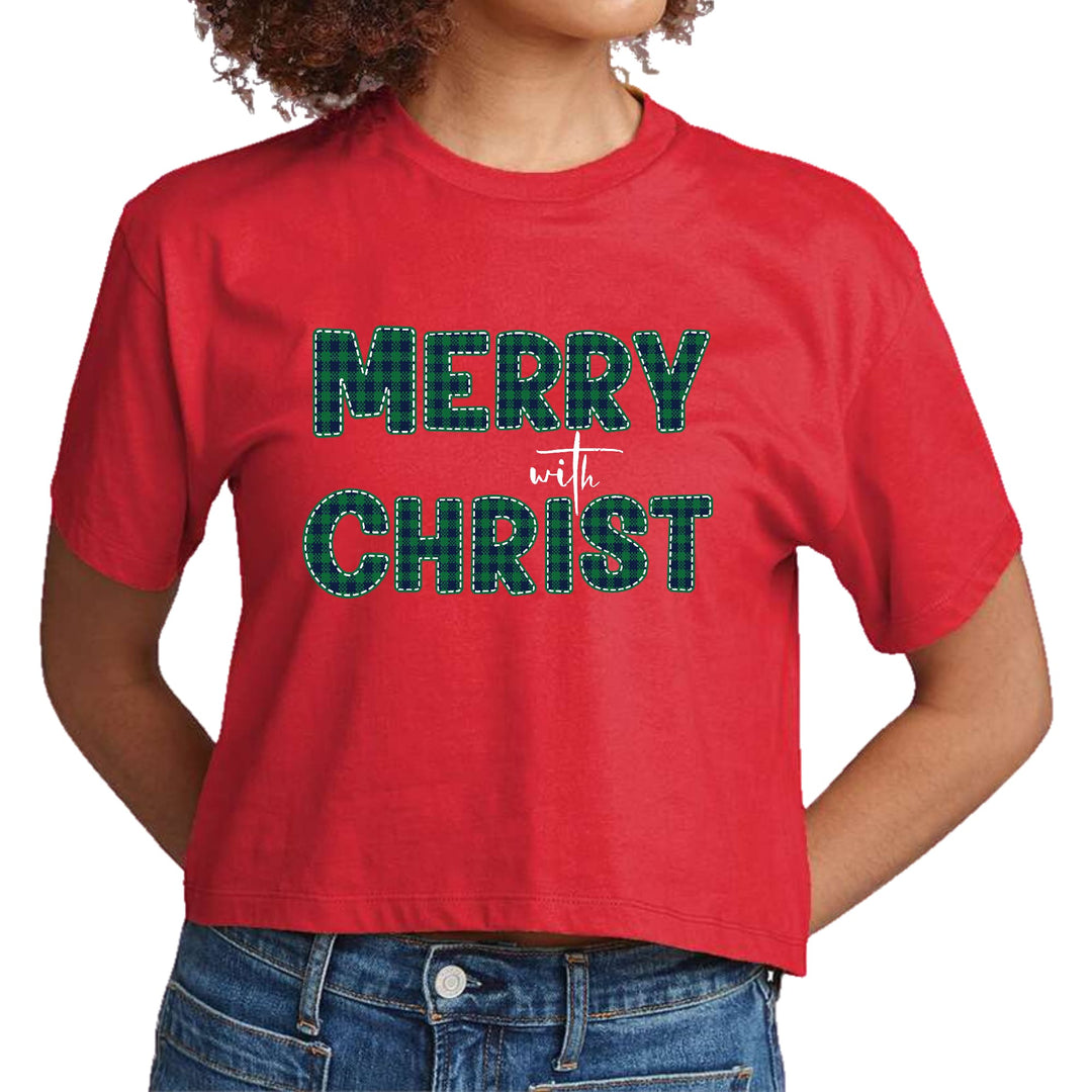 Womens Cropped Graphic T-shirt Merry with Christ Green Plaid - Womens