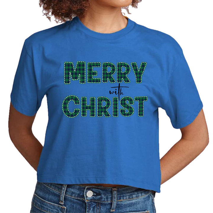 Womens Cropped Graphic T-shirt Merry with Christ Green Plaid - Womens