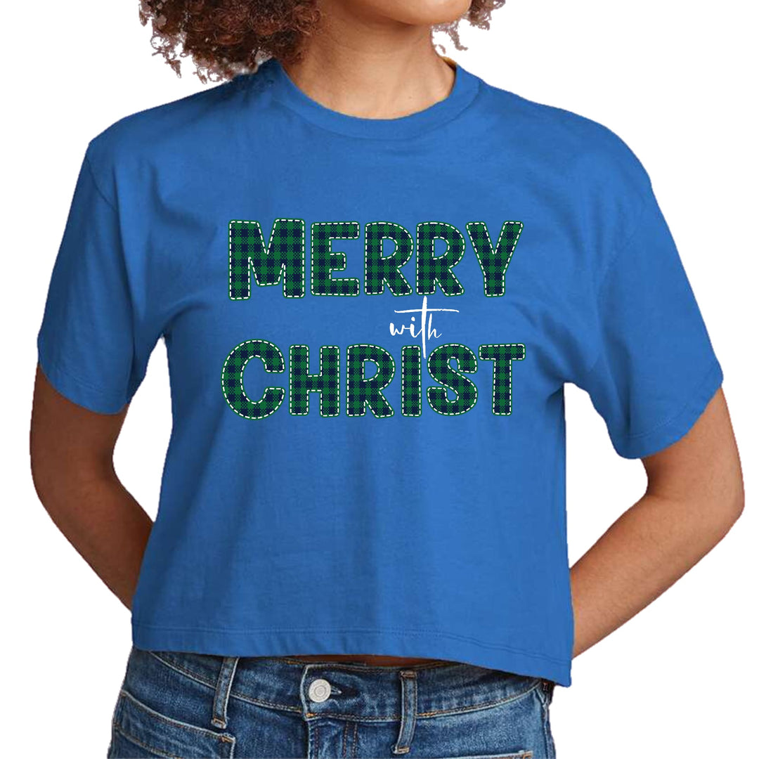 Womens Cropped Graphic T-shirt Merry with Christ Green Plaid - Womens