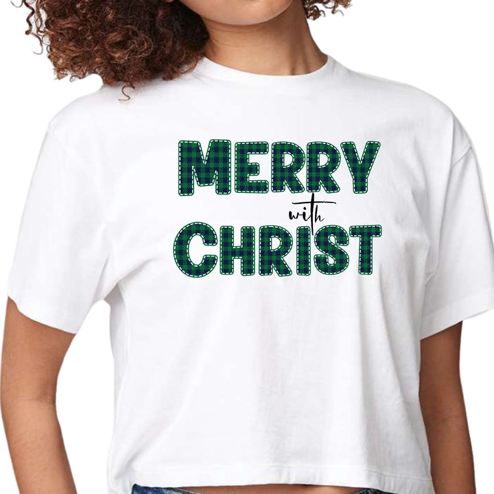 Womens Cropped Graphic T-shirt Merry with Christ Green Plaid - Womens