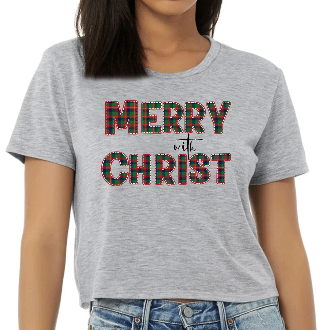 Womens Cropped Graphic T-shirt - Merry with Christ - Red and Green - Womens