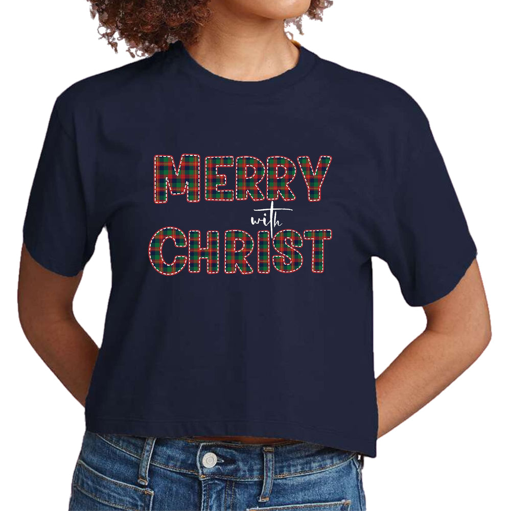 Womens Cropped Graphic T-shirt Merry with Christ Red and Green - Womens