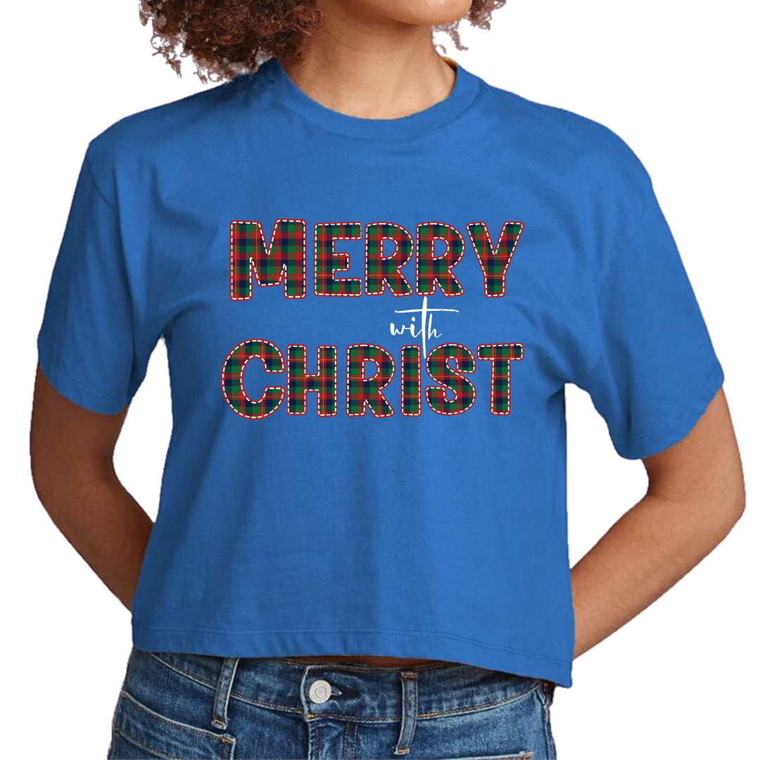 Womens Cropped Graphic T-shirt Merry with Christ Red and Green - Womens