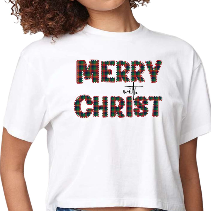 Womens Cropped Graphic T-shirt - Merry with Christ - Red and Green - Womens