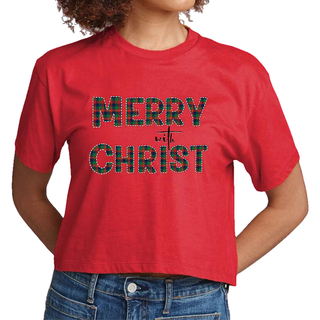 Womens Cropped Graphic T-shirt - Merry with Christ - Red and Green - Womens