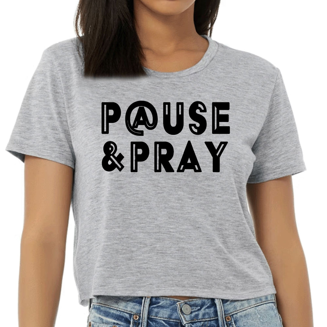 Womens Cropped Graphic T-shirt Pause and Pray Black Illustration - Womens