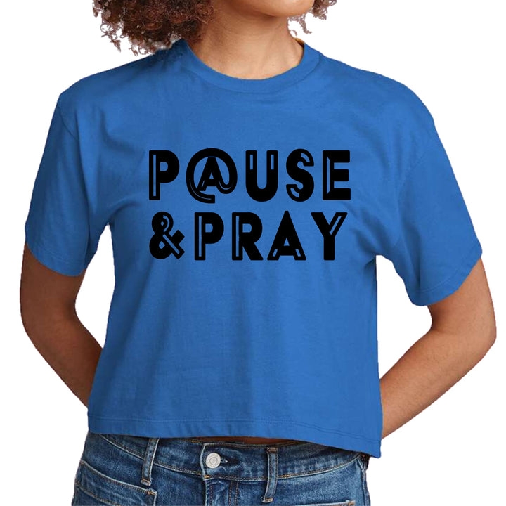 Womens Cropped Graphic T-shirt Pause and Pray Black Illustration - Womens