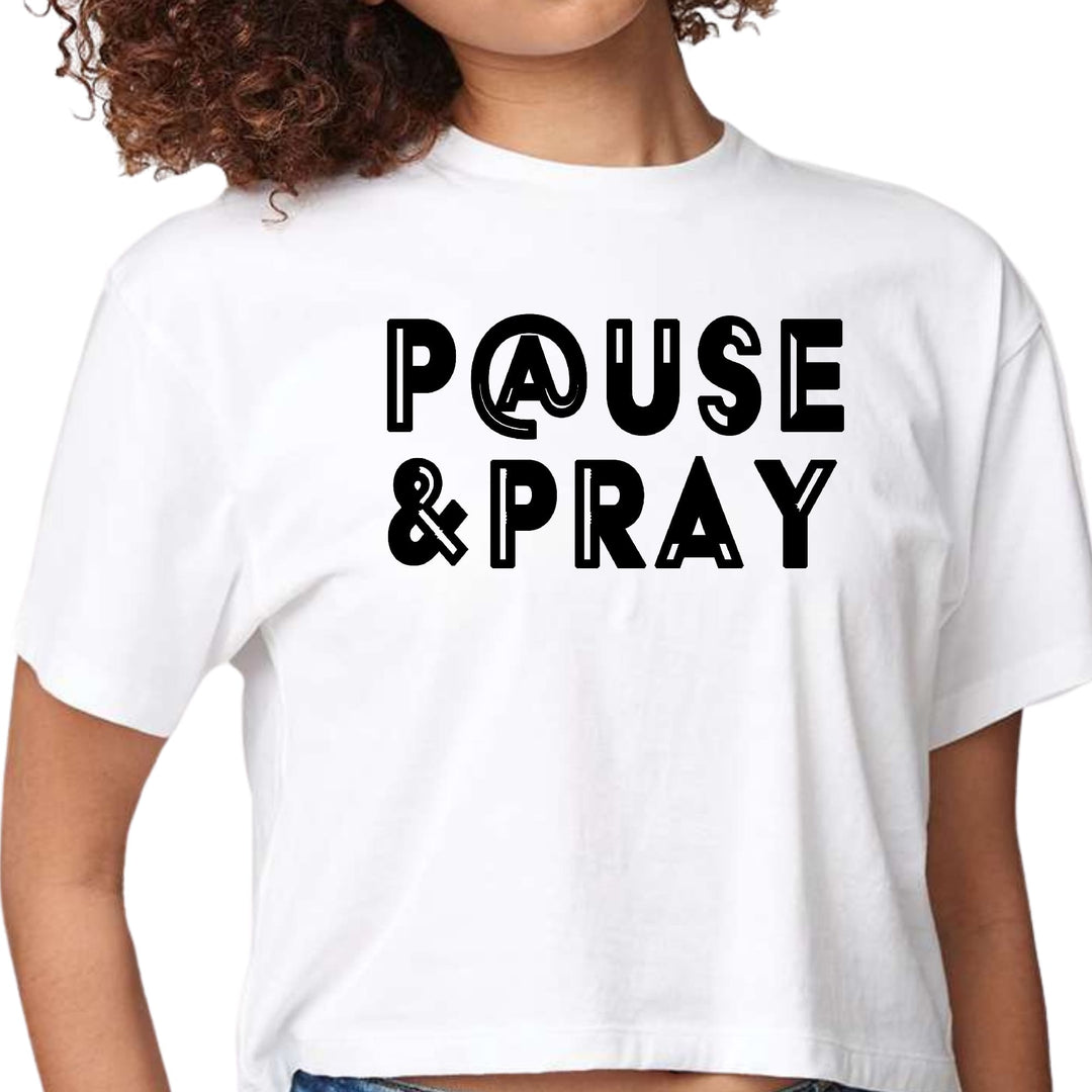 Womens Cropped Graphic T-shirt Pause and Pray Black Illustration - Womens