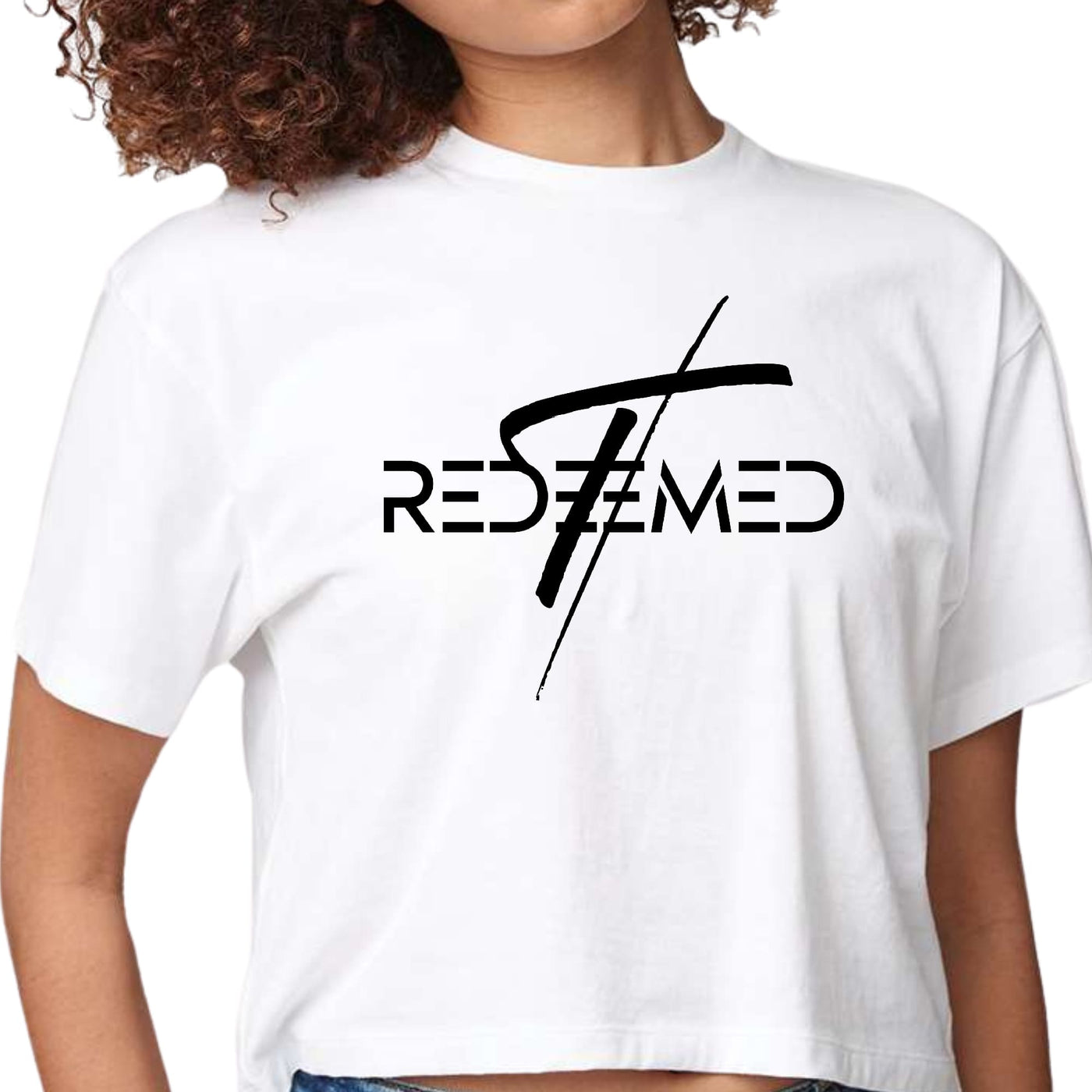 Womens Cropped Graphic T-shirt Redeemed Cross Black Illustration - Womens