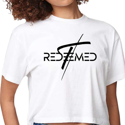 Womens Cropped Graphic T-shirt Redeemed Cross Black Illustration - Womens