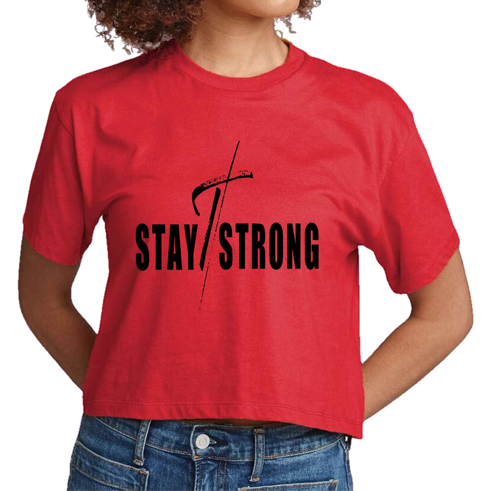 Womens Cropped Graphic T-shirt - Stay Strong with Cross Black Print - Womens