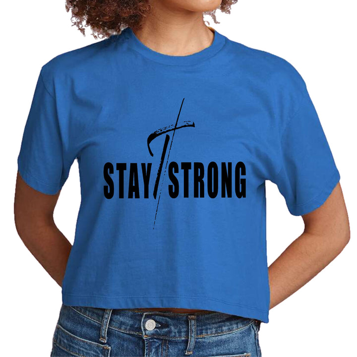 Womens Cropped Graphic T-shirt - Stay Strong with Cross Black Print - Womens