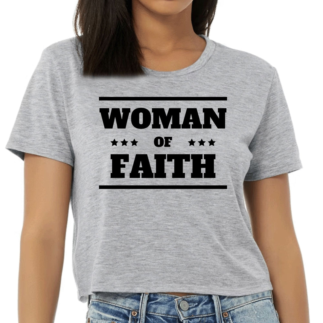 Womens Cropped Graphic T-shirt Woman of Faith Black Illustration - Womens