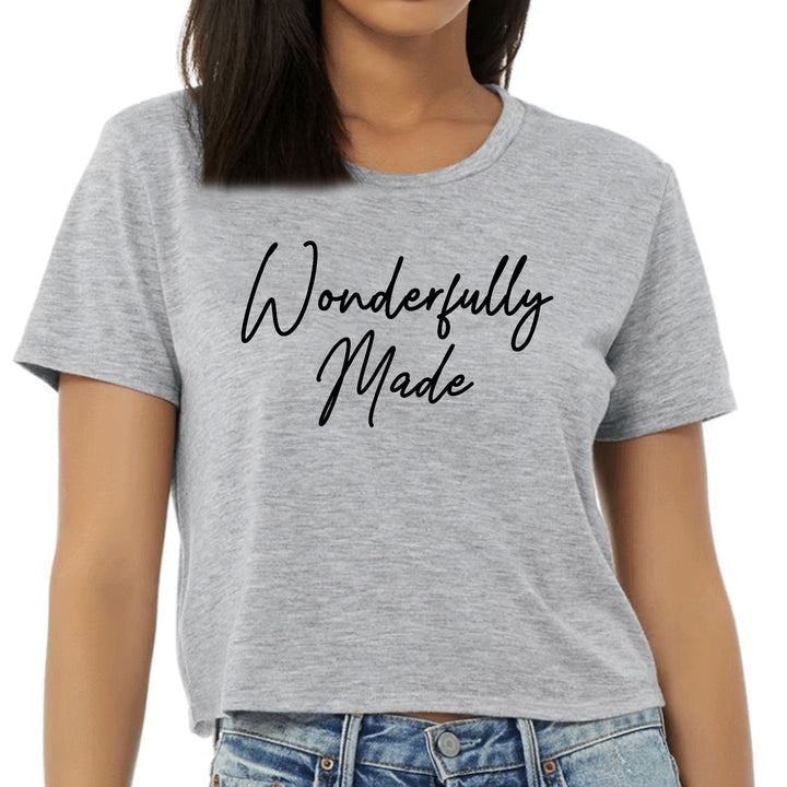 Womens Cropped Graphic T-shirt Wonderfully Made Black Illustration - Womens