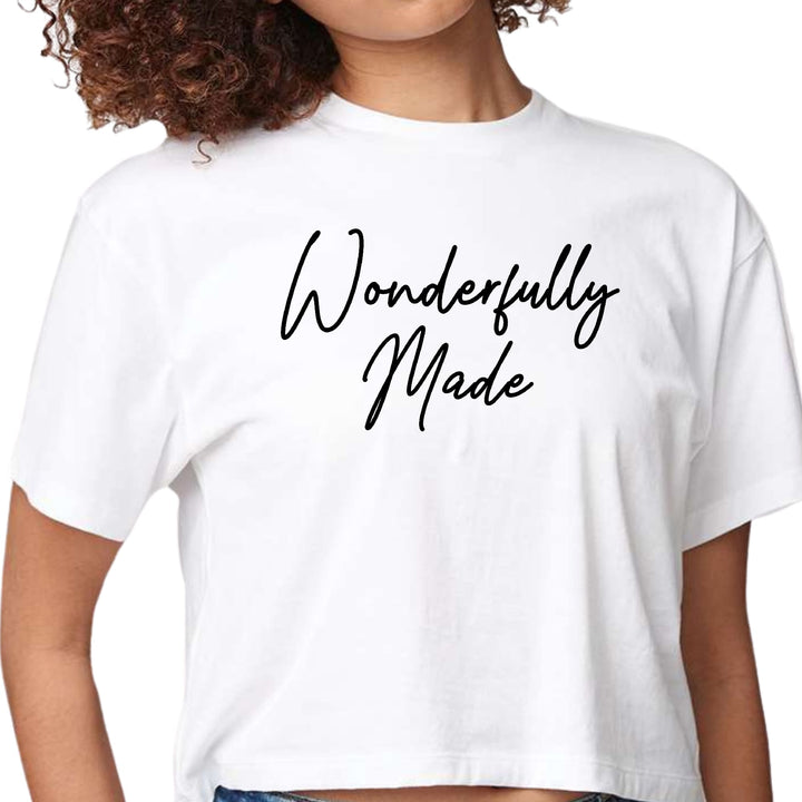 Womens Cropped Graphic T-shirt Wonderfully Made Black Illustration - Womens