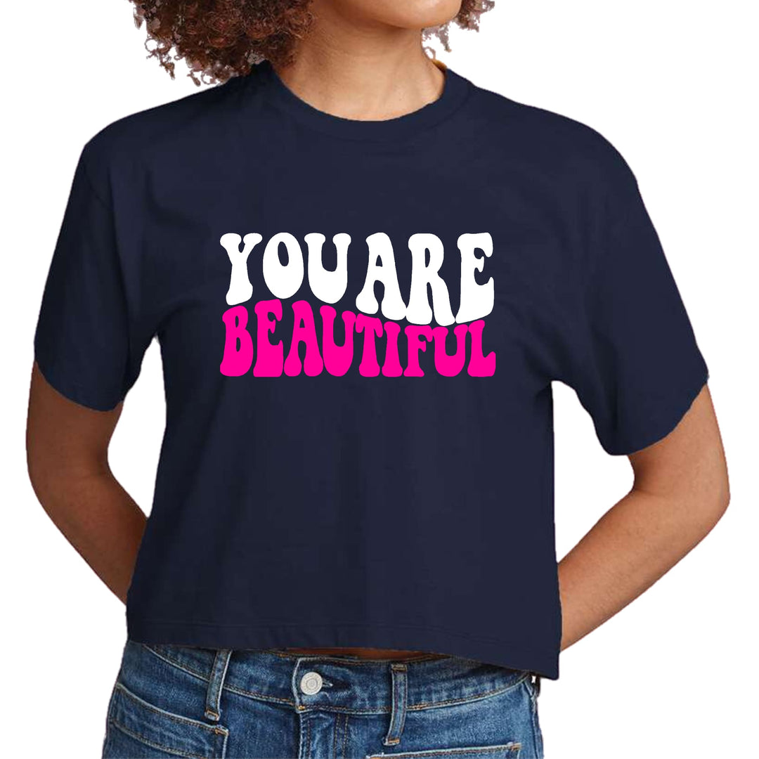 Womens Cropped Graphic T-shirt you are Beautiful Pink White - Womens | T-Shirts