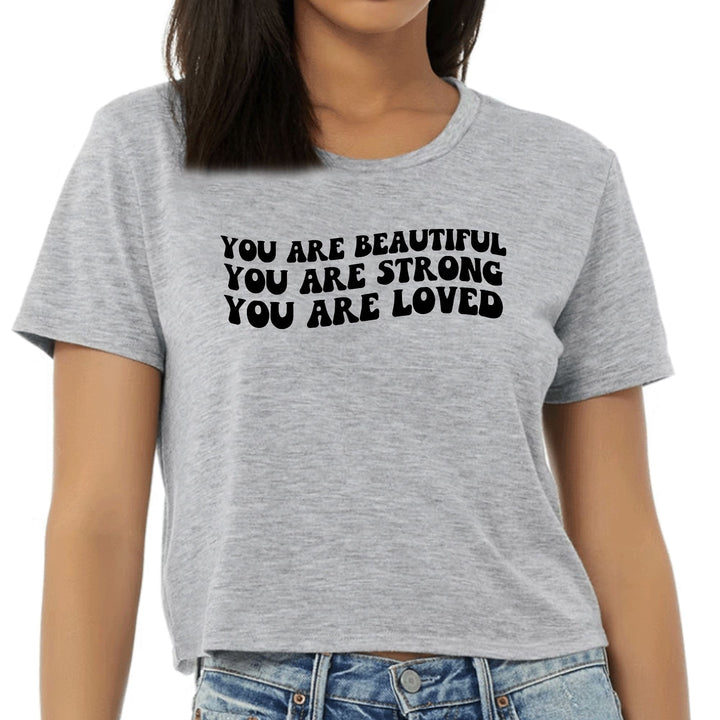 Womens Cropped Graphic T-shirt you are Beautiful Strong Black - Womens