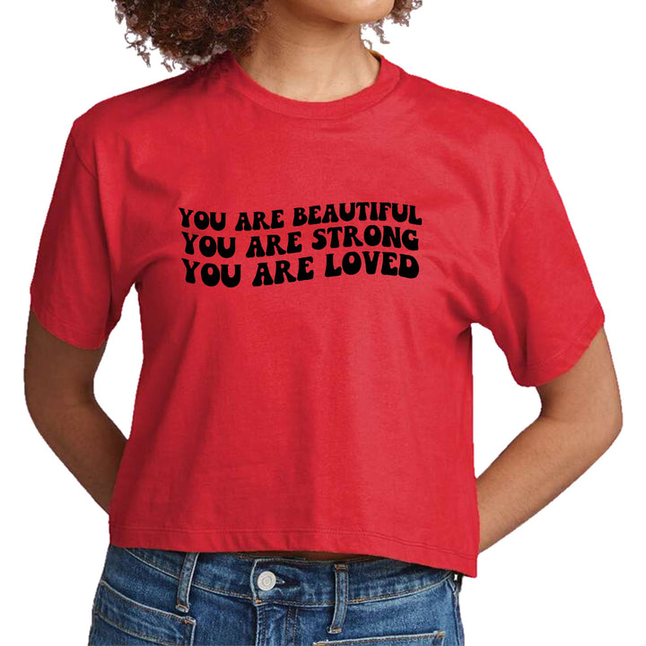 Womens Cropped Graphic T-shirt you are Beautiful Strong Black - Womens