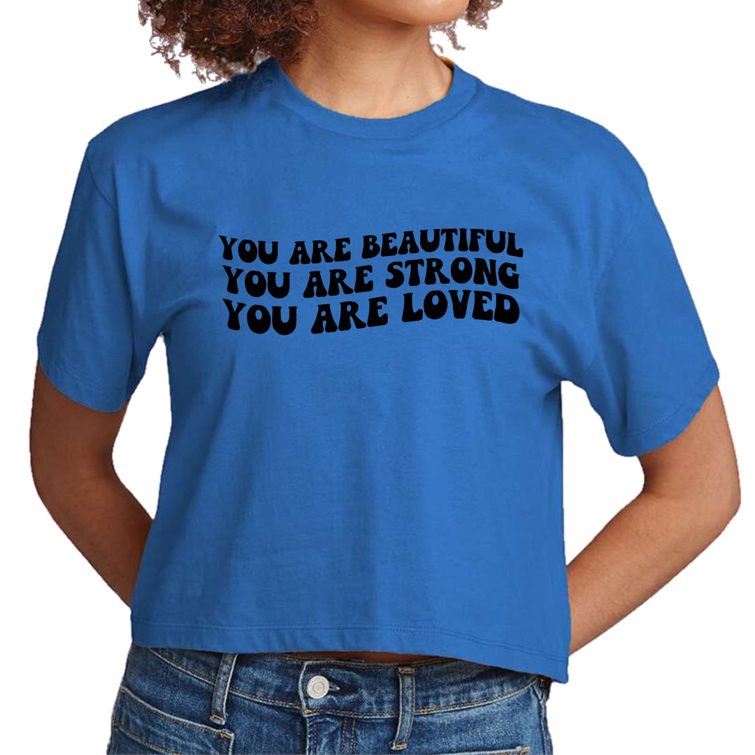 Womens Cropped Graphic T-shirt you are Beautiful Strong Black - Womens