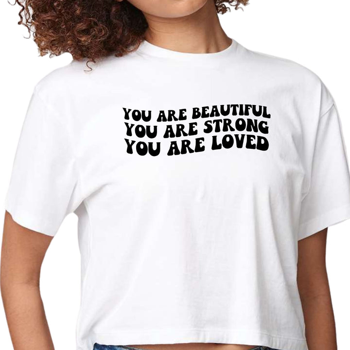 Womens Cropped Graphic T-shirt you are Beautiful Strong Black - Womens