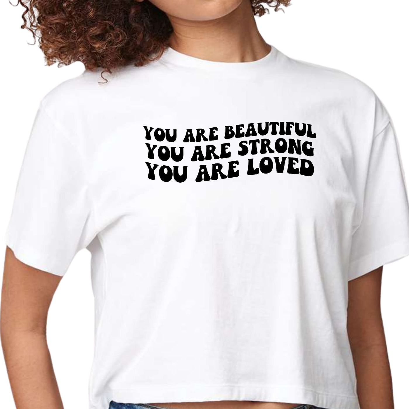 Womens Cropped Graphic T-shirt You Are Beautiful Strong Black - Womens