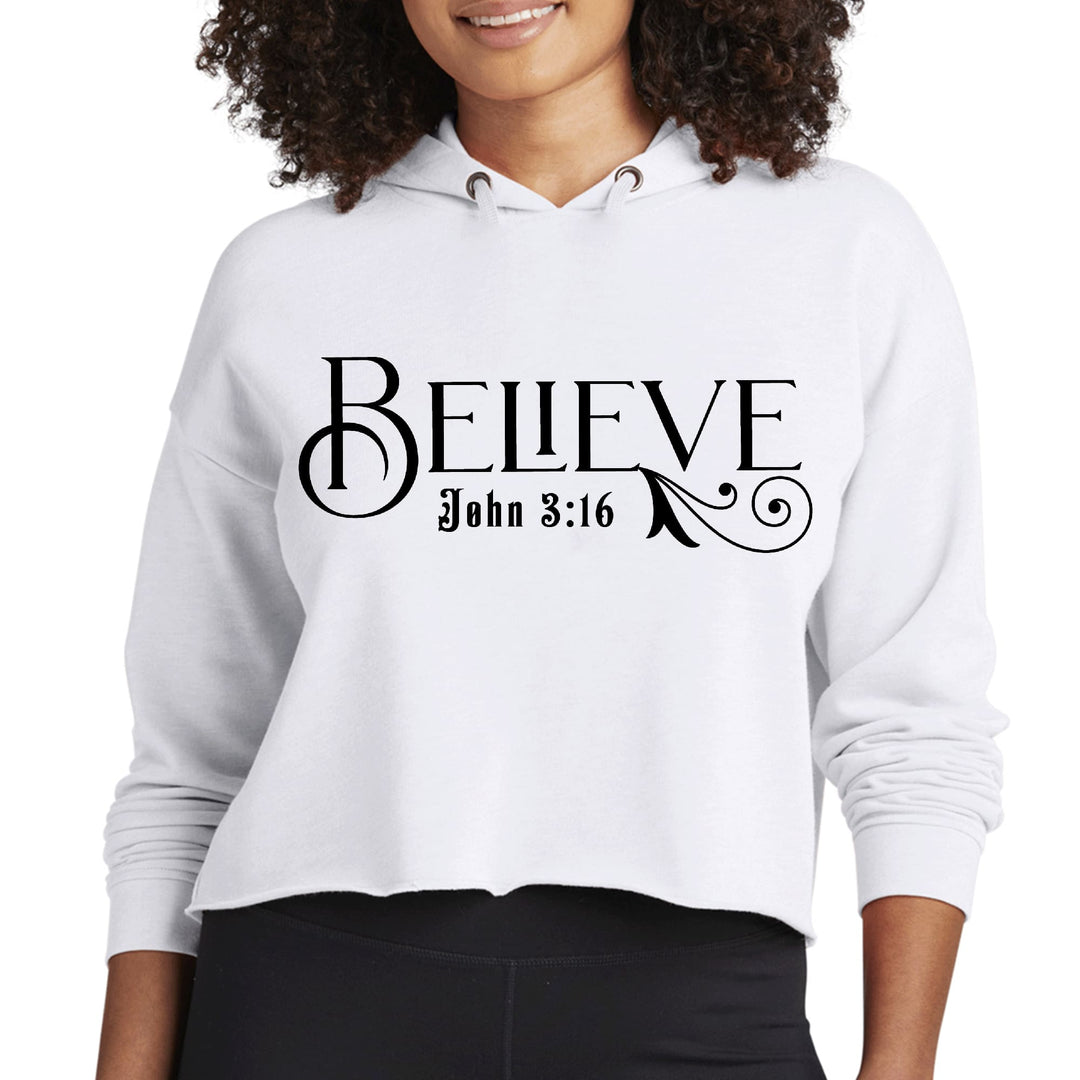 Womens Cropped Hoodie Believe John 3:16 Black Illustration - Womens | Hoodies