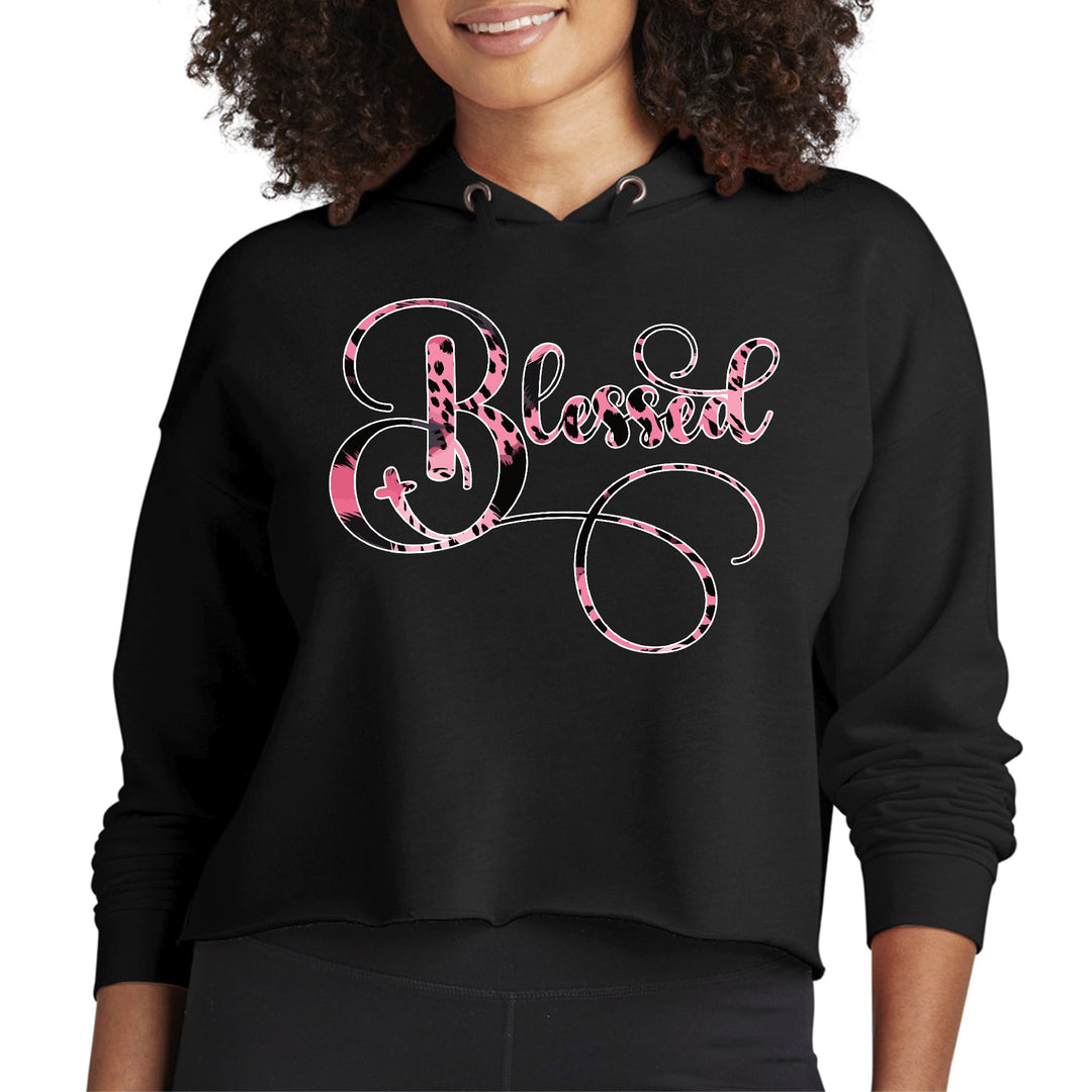 Womens Cropped Hoodie Blessed Pink and Black Patterned Graphic - Womens