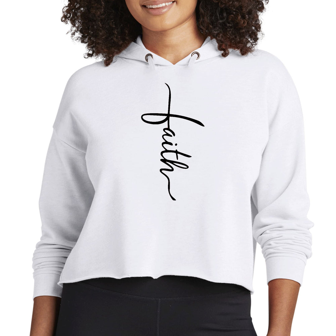 Womens Cropped Hoodie Faith Script Cross Black Illustration - Womens | Hoodies